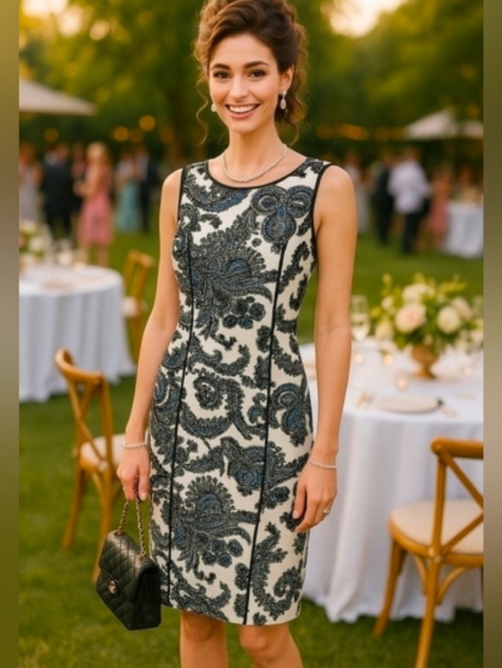 Talbots paisley sheath dress piping detail white w/ navy black royal sz 6